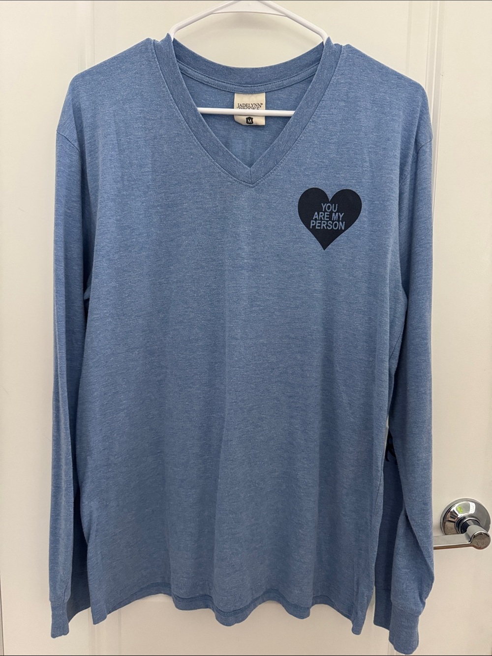 Jadelynn Brooke Blue Long Sleeve V-Neck Tee with Heart Graphic